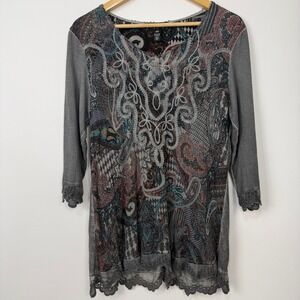 Gretty Zueger Paisley Embroidered Top Womens Medium Gray Lace Trim Boho Artsy